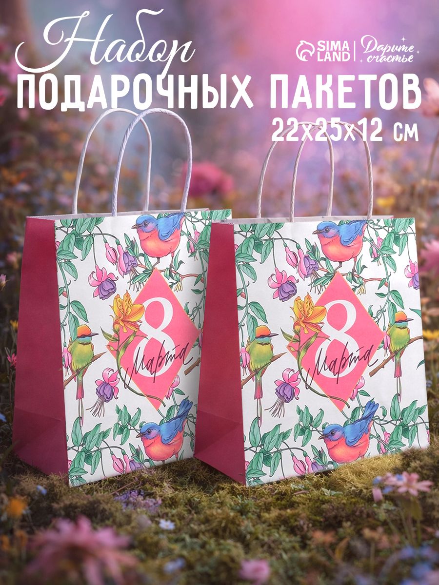 Подарочные пакеты на 8 марта, набор 2 шт, 22 х 25 х 12 см