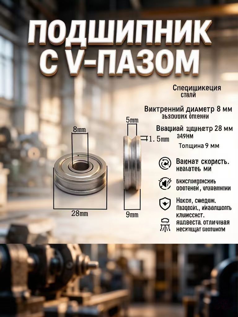 Подшипник 8x28x9 мм с V-образным пазом 5x1.5 мм - высокопрочный для ...