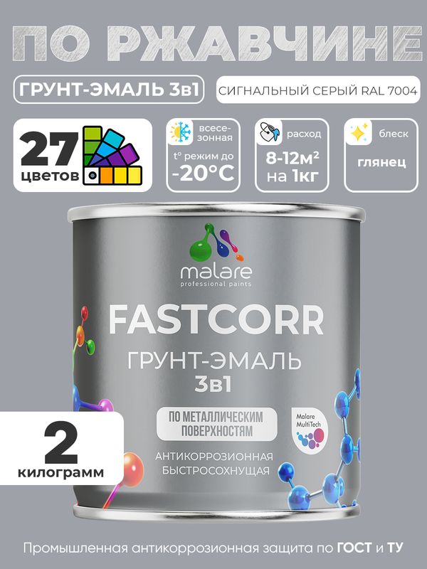 Грунт-эмаль по ржавчине 3 в 1 Malare FastCorr краска для металла, антикоррозионная износостойкая быстросохнущая RAL 7004, сигнальный серый, глянцевая, 2 кг.