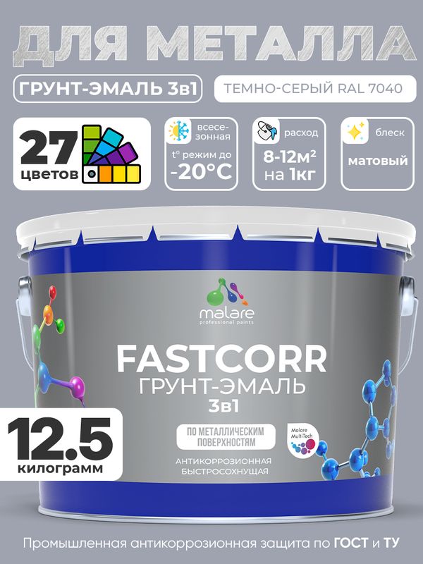 Грунт-эмаль по ржавчине 3 в 1 Malare FastCorr краска для металла, антикоррозионная износостойкая быстросохнущая RAL 7040, темно-серый, матовая, 12,5 кг.