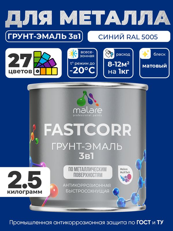 Грунт-эмаль по ржавчине 3 в 1 Malare FastCorr краска для металла, антикоррозионная износостойкая быстросохнущая RAL 5005, синий, матовая, 2,5 кг.