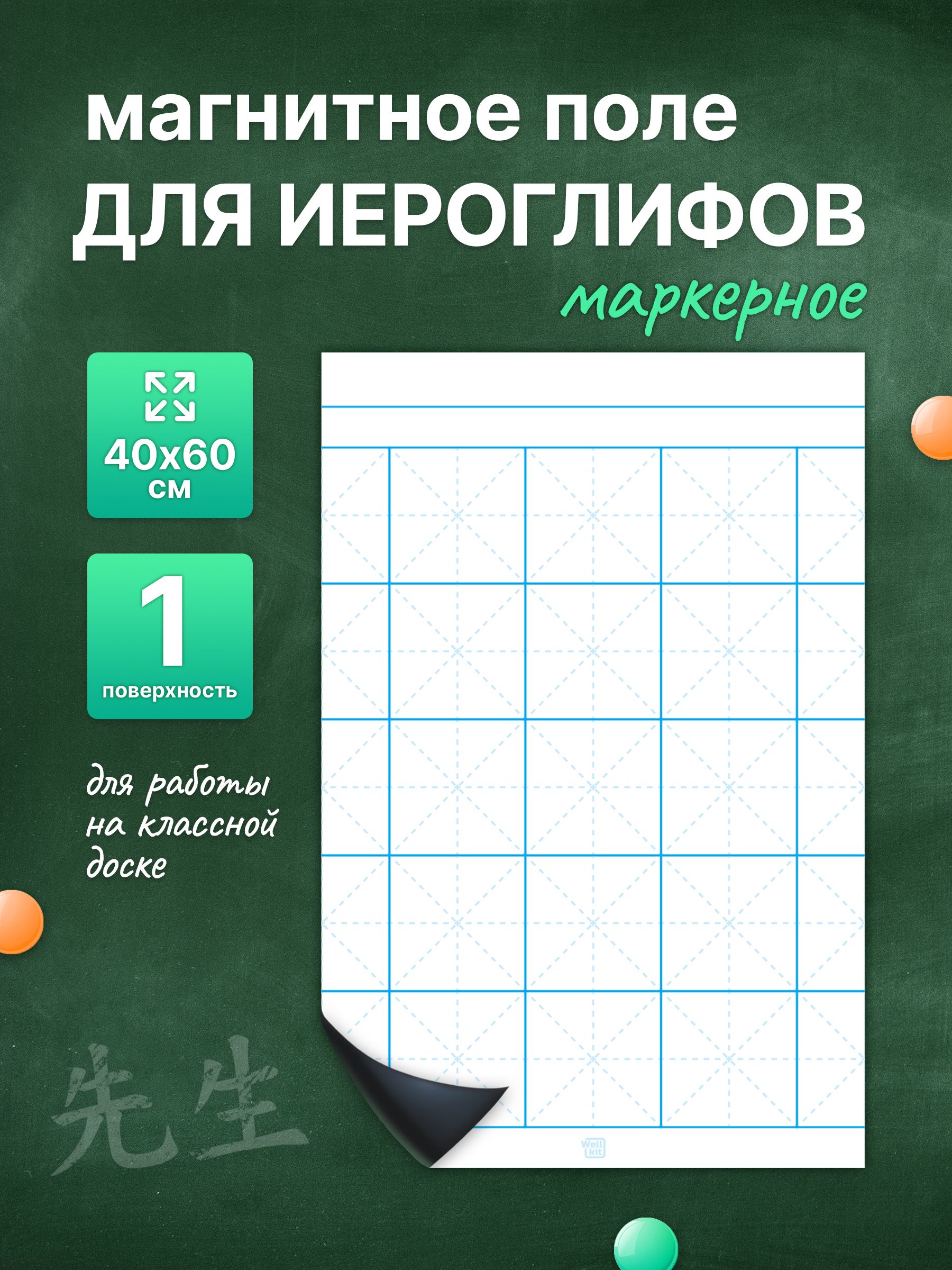 Разлиновка магнитная для школьной доски, поле для иероглифов 40х60 см. WellKit