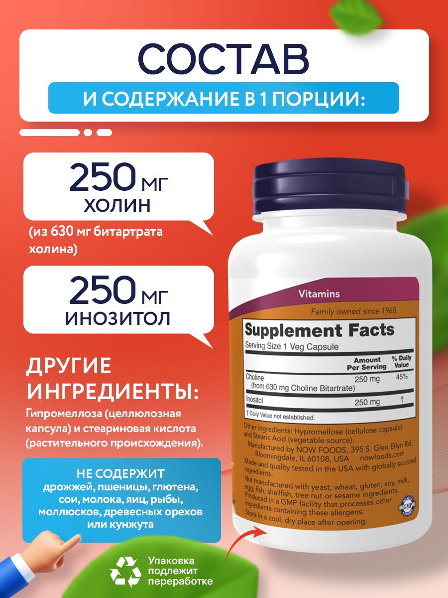 Now, Choline & Inositol 500 мг, 100 капсул