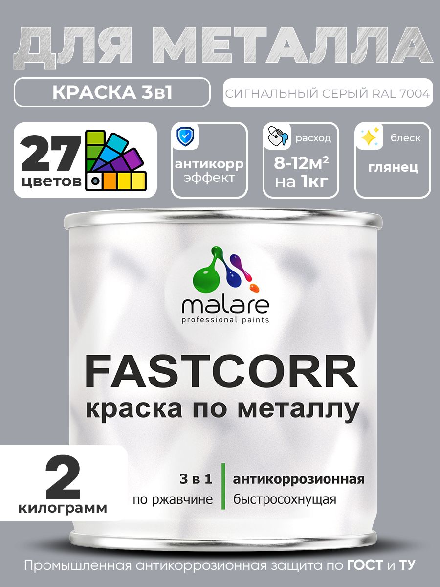 Краска для металла по ржавчине Malare FastCorr, для наружных работ износостойкая, быстросохнущая RAL 7004 сигнальный серый, глянцевая, 2 кг