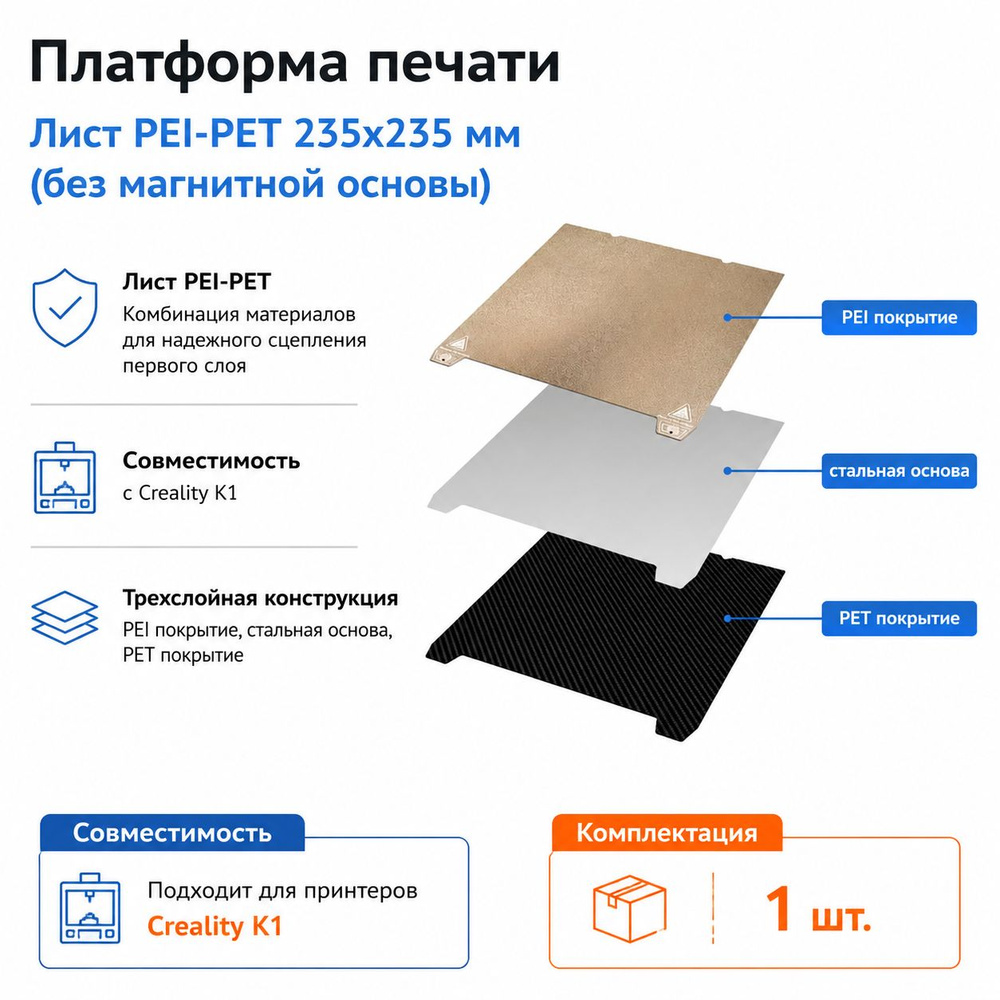 Пластина (Лист) PEI-PET 235x235 мм для Creality Ender 3/5/S1/S1 Pro, V3, K1, K1C , Flashforge Adventurer #1