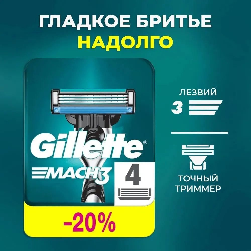 Сменные кассеты Gillette Mach3 с 3 лезвиями для бритья, 4 шт / Лезвия ...