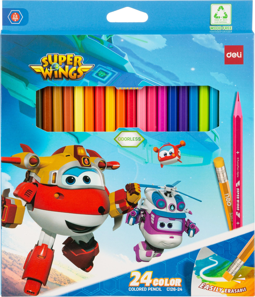 Карандаши цветные Deli Super Wings, шестигранные, толщина грифеля 2,6 мм, набор 24 цвета, с ластиком #1