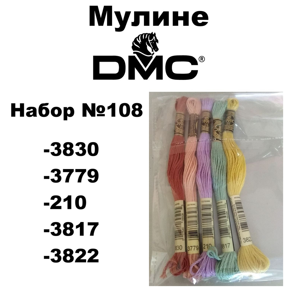 Нитки мулине DMC Embroidery для вышивания / Набор № 108 / цвета 3830, 3779, 210, 3817, 3822  #1