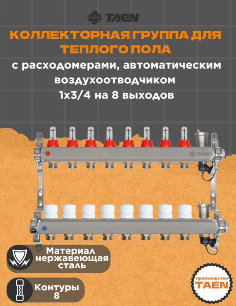 Коллекторная группа для теплого пола TAEN 1x3/4x8 с расходомерами, автоматическим воздухоотводчиком, #1