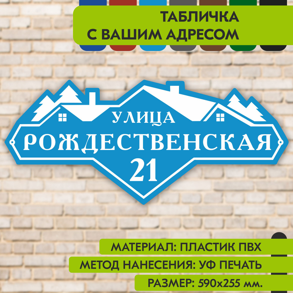 Адресная табличка на дом "Домовой знак" голубая, 590х255 мм., из пластика, УФ печать не выгорает  #1