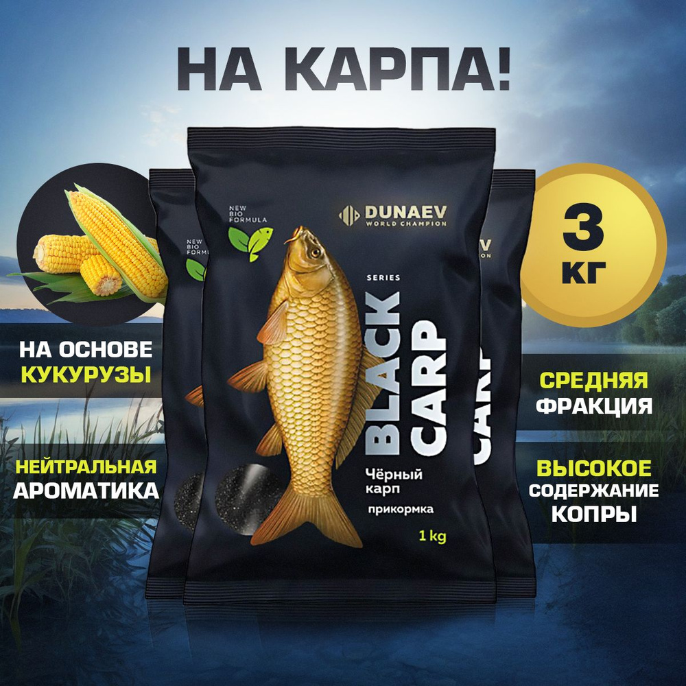 Прикормка для рыбалки Карп Черная 3 пакета по 1 кг / DUNAEV BLACK Series  CARP