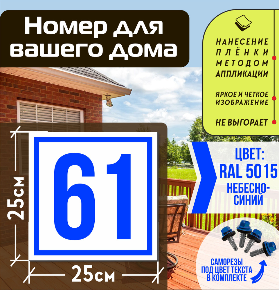 Адресная табличка на дом с номером 61 RAL 5015 синяя #1