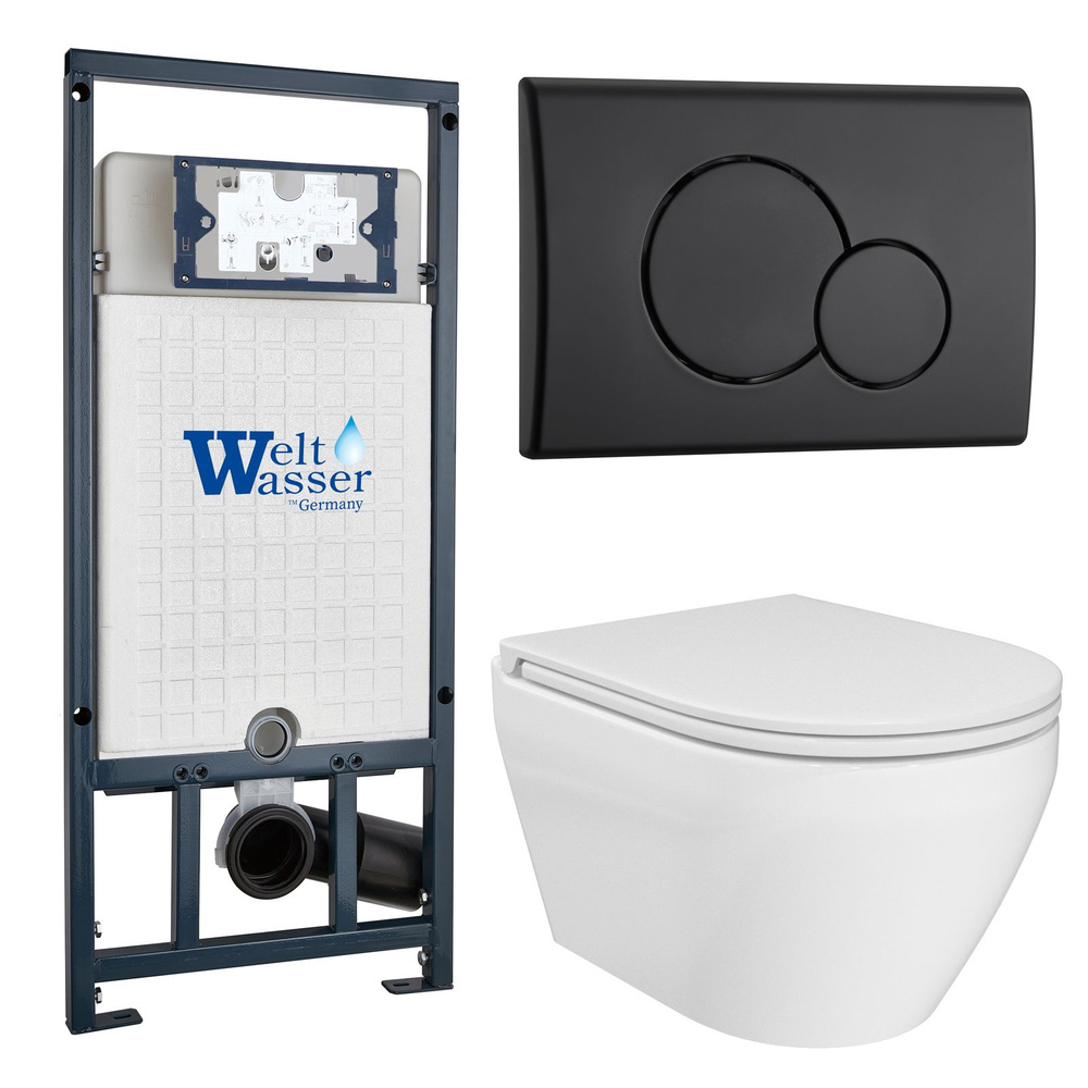 Комплект: Weltwasser Инсталляция Mar 507+Кнопка Mar 507 RD MT-BL черный+Mare JK2081058 белый унитаз  #1