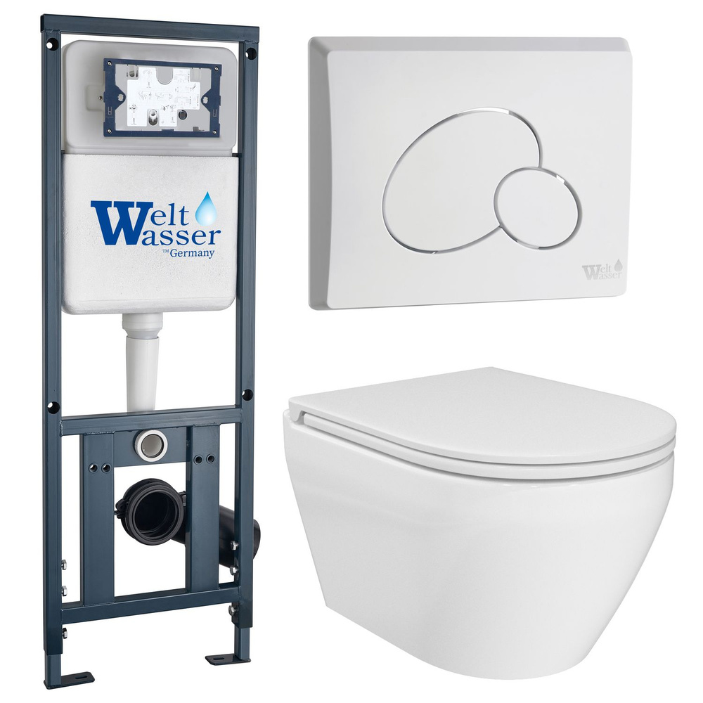 Комплект: Weltwasser Инсталляция Mar 410+Кнопка Mar 410 RD GL-WT белая+Mare JK2081058 белый унитаз  #1