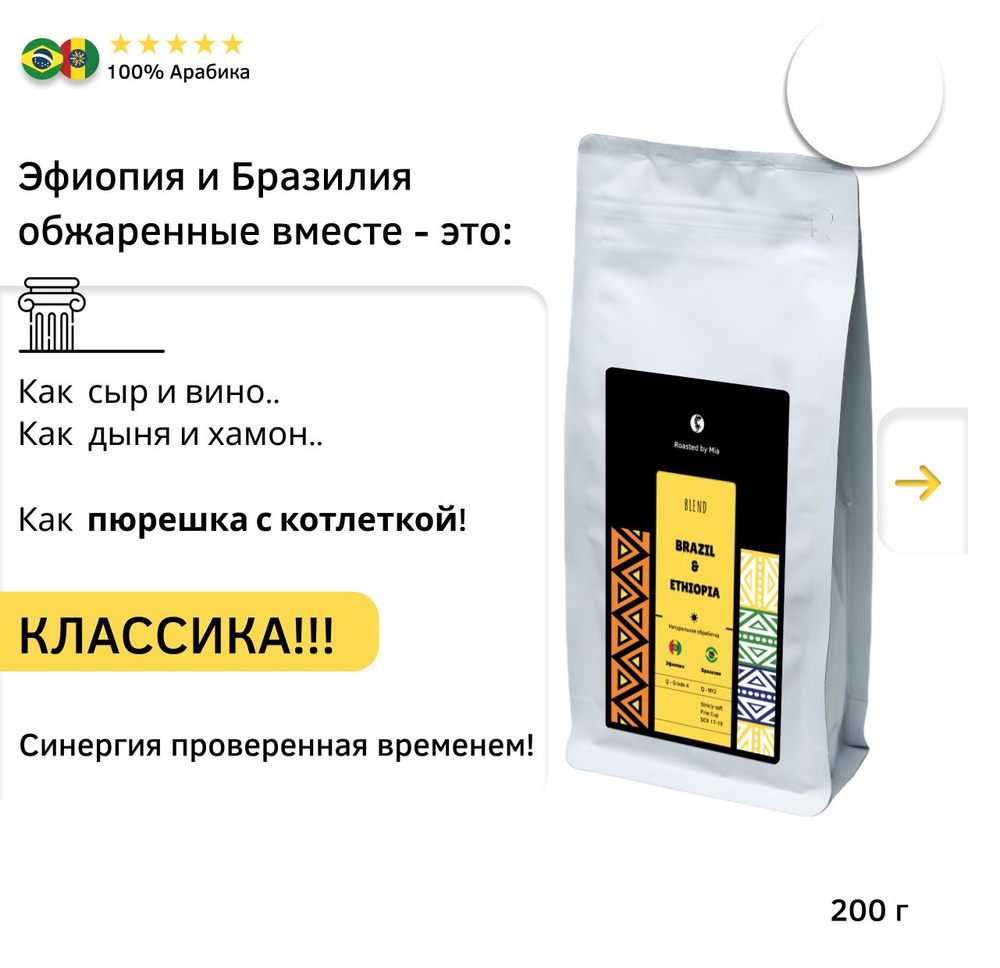 Кофе молотый Арабика 200 г Roasted by Mia. Под пуровер, френч-пресс Бленд Бразилия Эфиопия Средняя обжарка #1