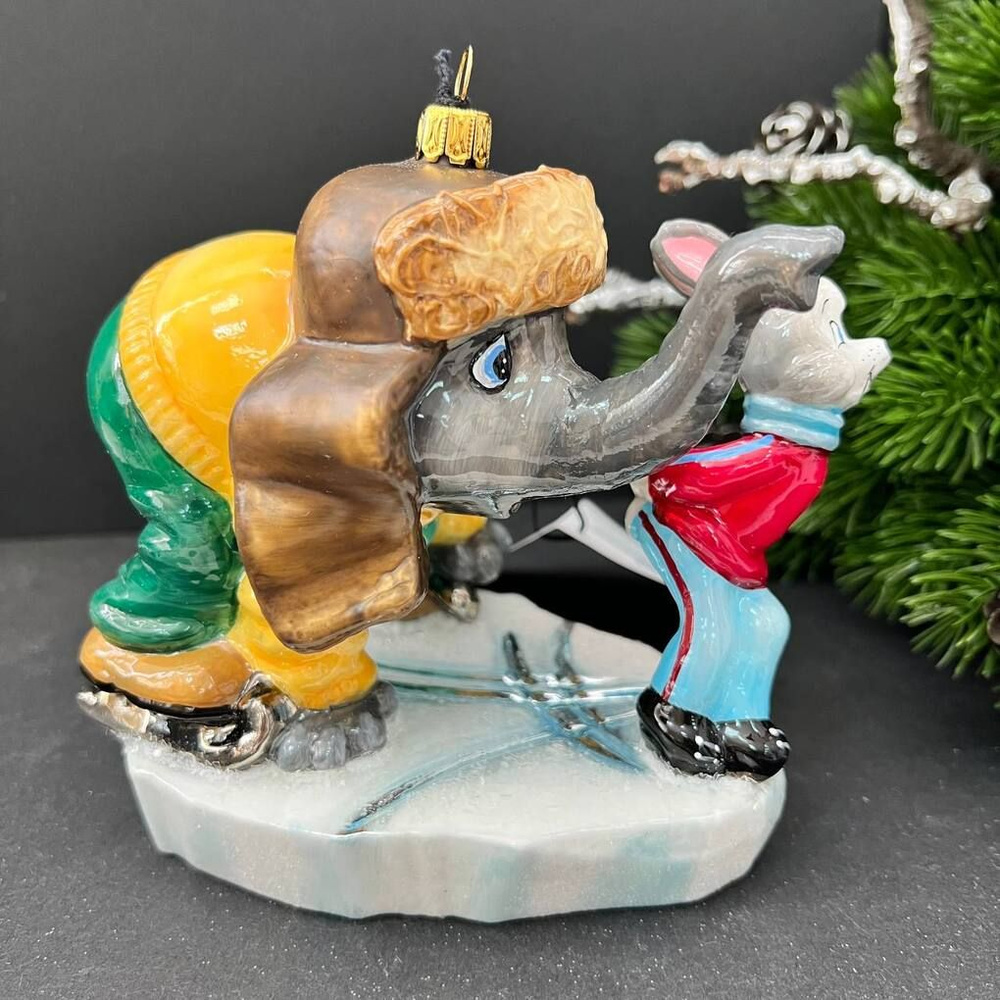 Елочная игрушка Слон и заяц на коньках 14см стекло Komozja Family  #1