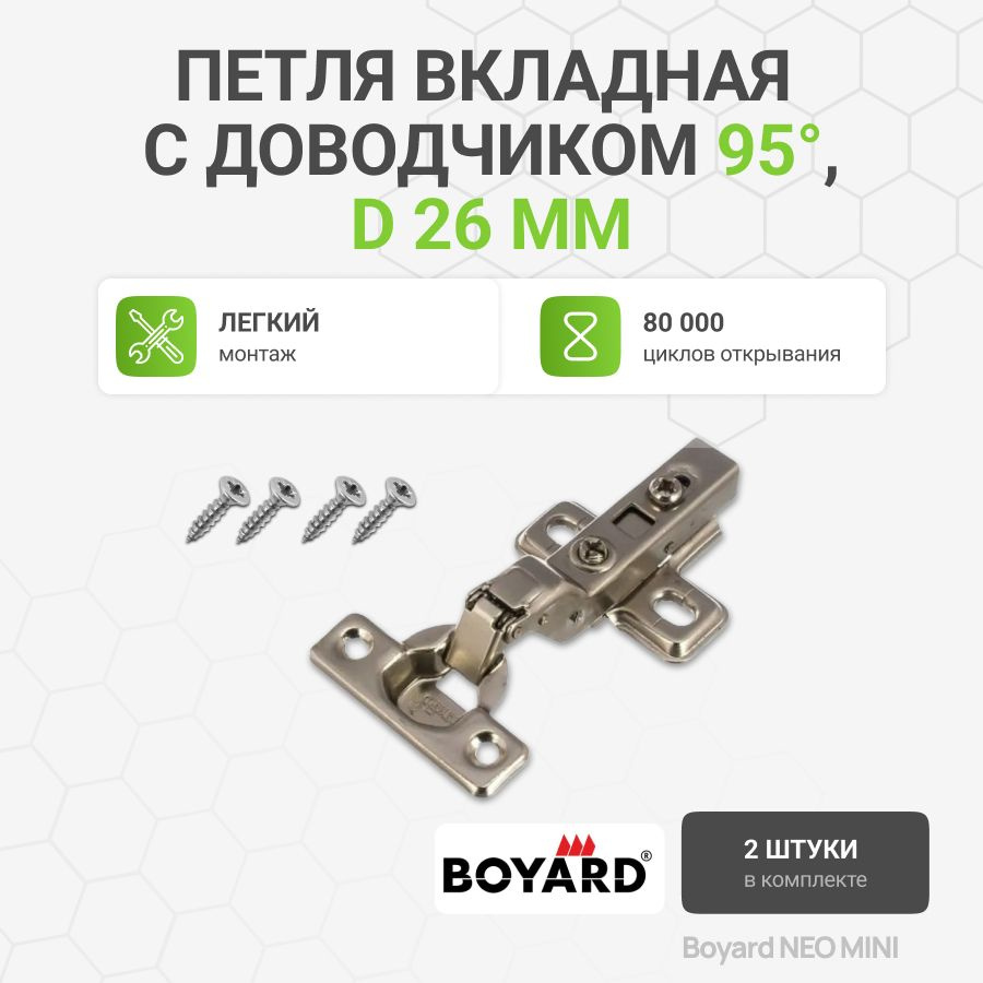 Петля мебельная вкладная Boyard NEO MINI с доводчиком и крепежной фурнитурой угол открывания 95 градусов, #1