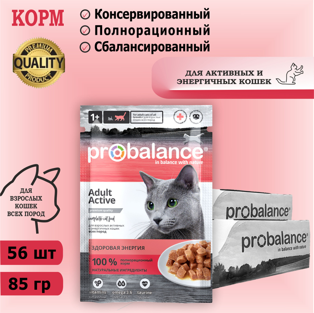 Корм консервированный для активных кошек Probalance Active, 85 г х 56 шт. Дополнительно упакован.  #1