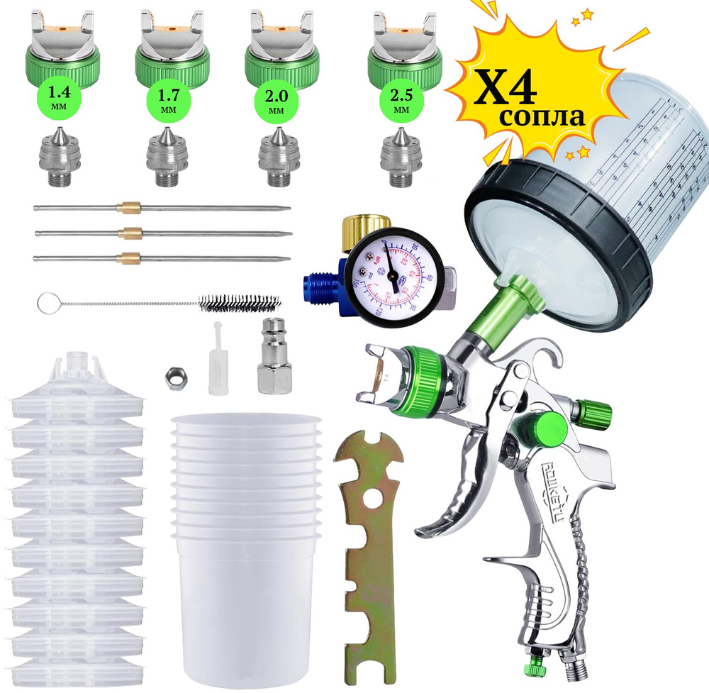 Краскопульт пневматический Дюзы: 1.4/1.7/2.0/2.5 мм(профессиональный краскораспылитель) Spray gun с верхним #1
