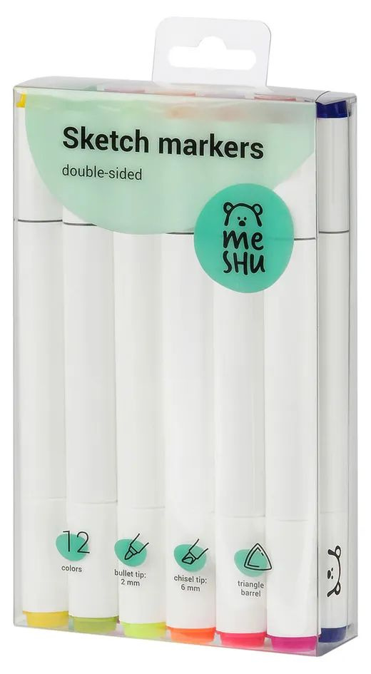 Набор двусторонних маркеров для скетчинга Meshu, 12 цветов, 1 упаковка ...