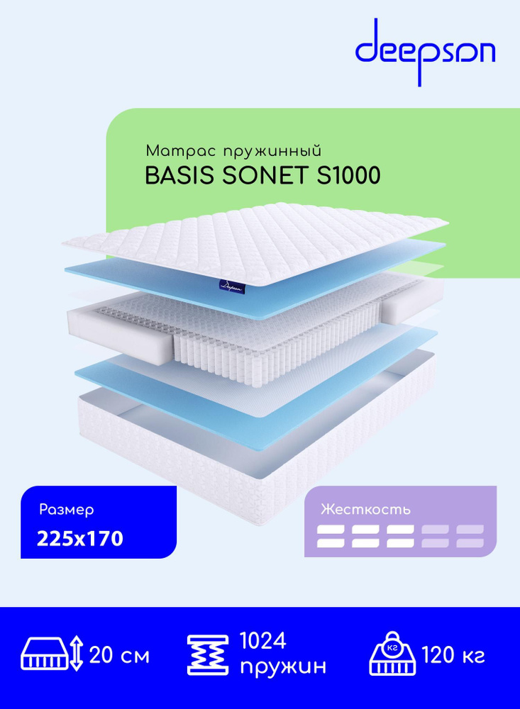 Deepson BASIS SONET S1000 средней жесткости, Двуспальный, Беспружинный, На кровать 225x170  #1