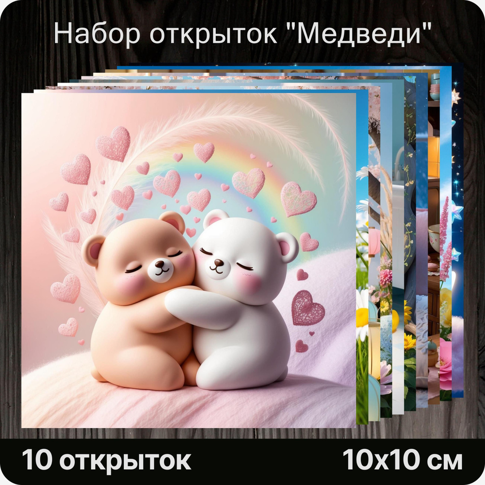 Дизайнерские открытки "Медведи", 10 штук. Милые, праздничные, на подарок, сюрприз, к букету.  #1