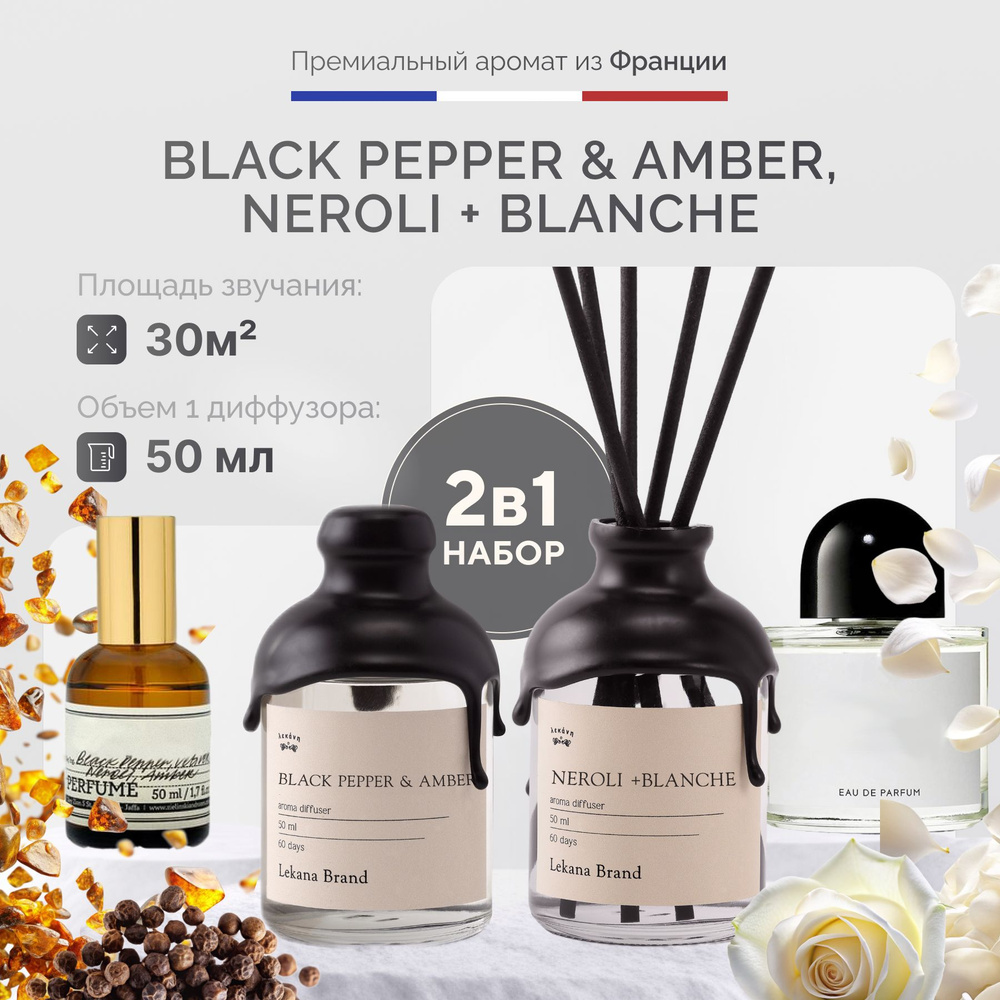 Ароматический диффузор для дома, Black Pepper & Amber, Neroli+Blanche 2*50 мл, Ароматизатор с палочками #1