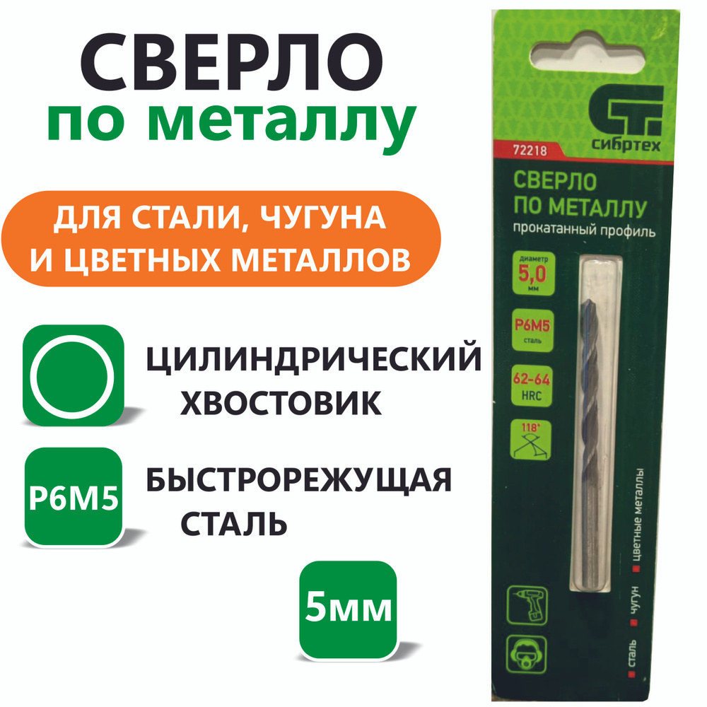 Сверло по металлу из быстрорежущей стали с цилиндрическим хвостовиком, 5мм  #1