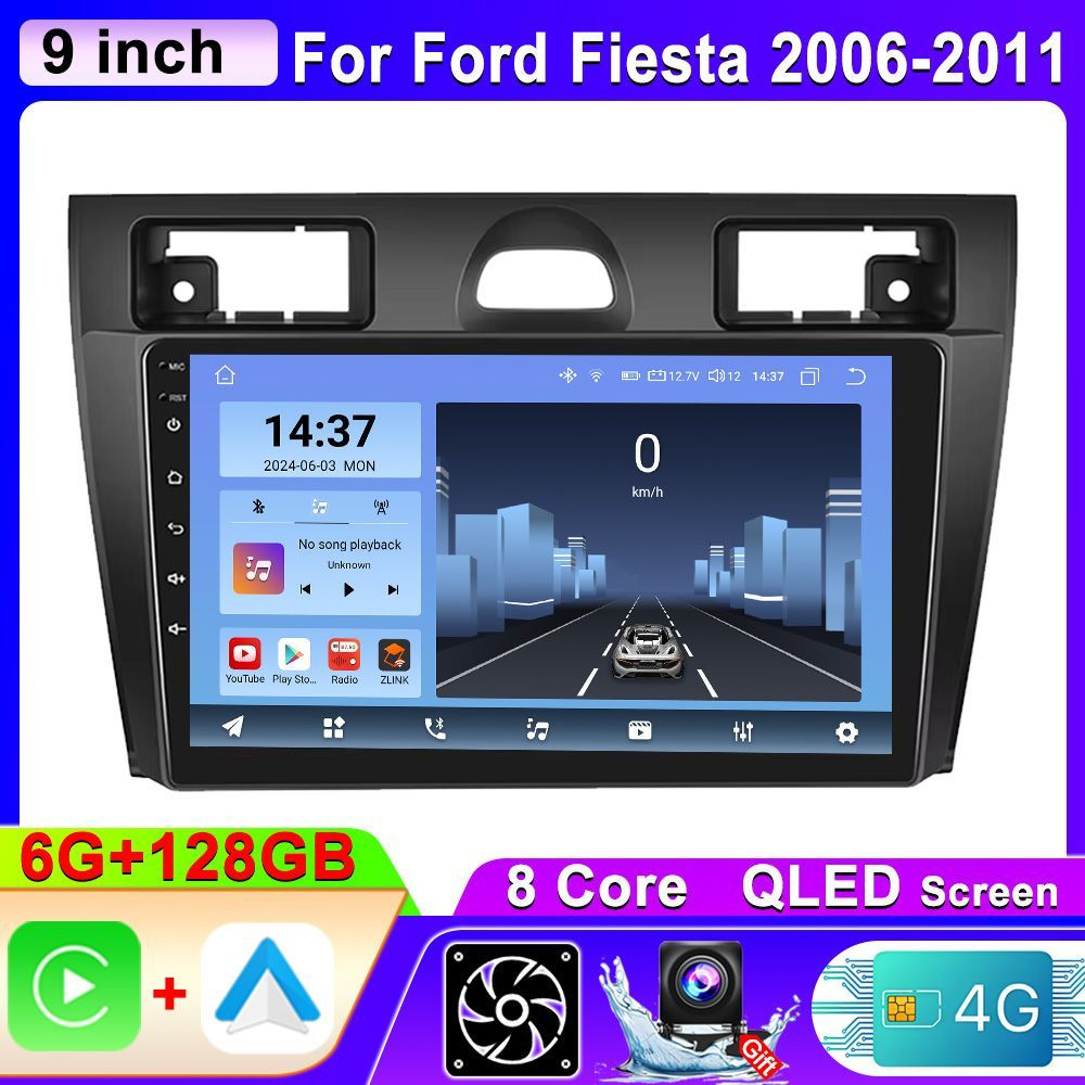 Магнитола для Ford Fiesta 2006-2011, 8 ядерный процессор 6/128 Гб Android 13, QLED экран 9 дюймов, 4G,Carplay, #1