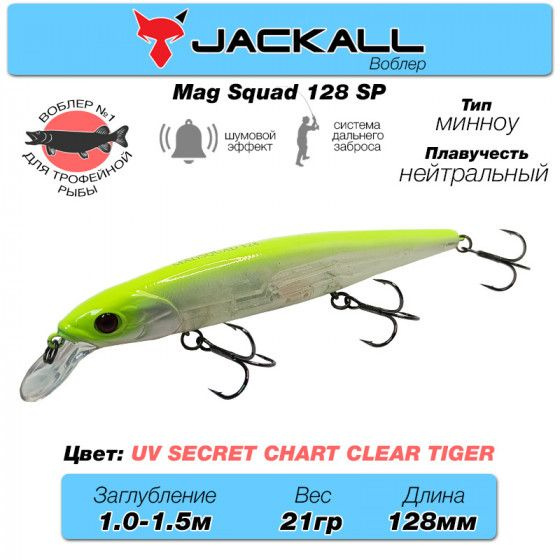 Уловистый воблер на щуку Jackall Mag Squad 128 SP цв. uv secret chart clear tiger / Снасти рыболовные #1