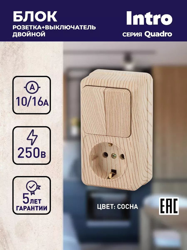 Блок розетка с выключателем Intro Quadro 2-706-11 двойным вертикальный 10(16)А-250В IP20 открытой установки #1