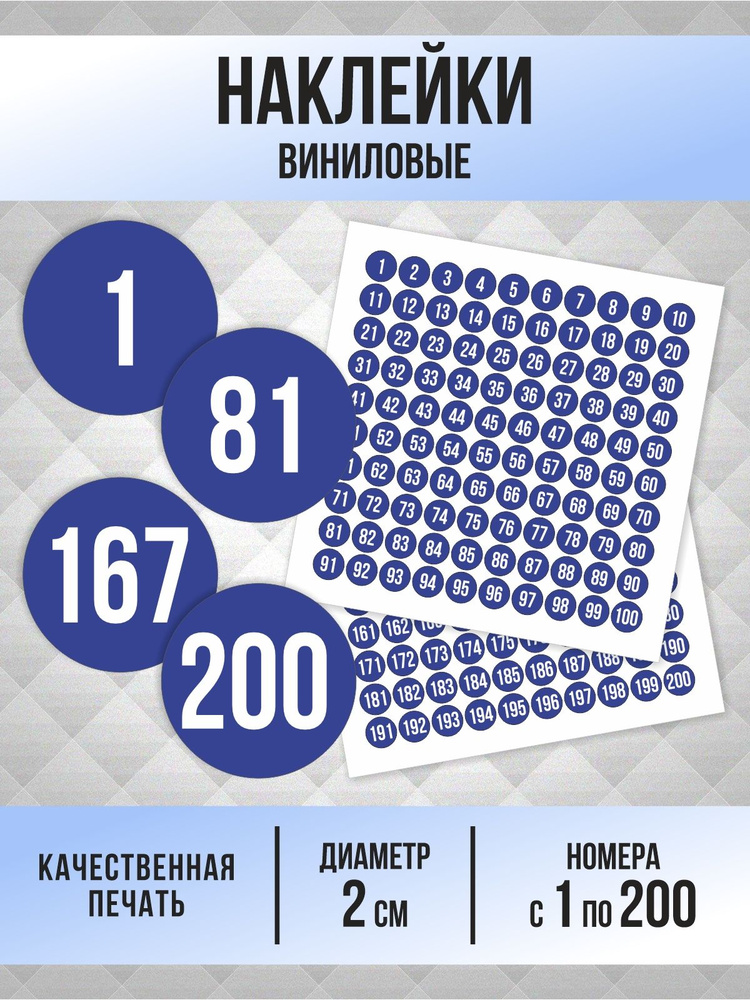 Наклейки с номерами от 1 до 200 круглые 20 мм, цвет синий, ПолиЦентр #1