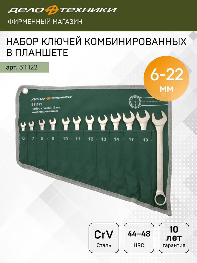 Набор ключей комбинированных (12пр) 6-22 мм (планшет тетрон) (Дело Техники)