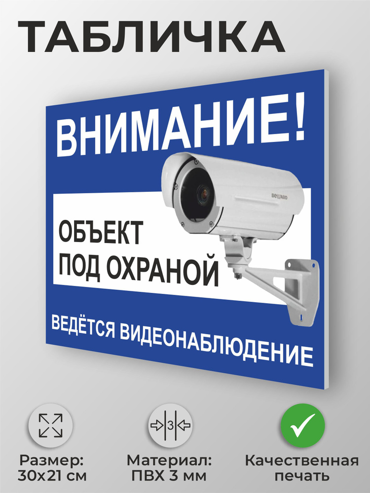 Табличка "Внимание! Объект под охраной, ведется видеонаблюдение" синяя А4 (30х21см) #1