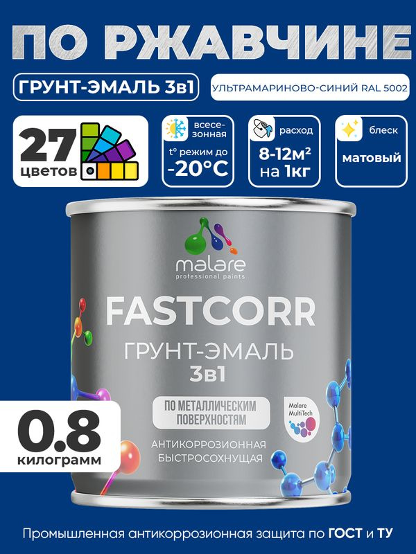 Грунт-эмаль по ржавчине 3 в 1 Malare FastCorr краска для металла, антикоррозионная износостойкая быстросохнущая #1