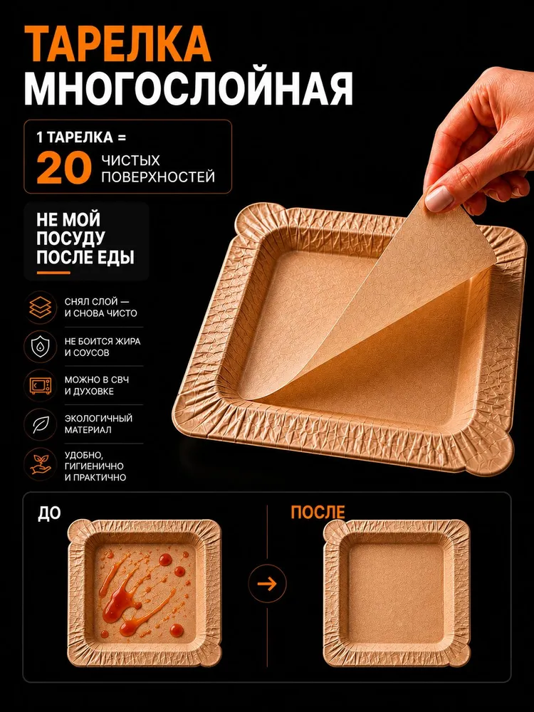 Тарелки одноразовые бумажные многослойные 24 см (20листов) Peel Plate квадратная, вариант