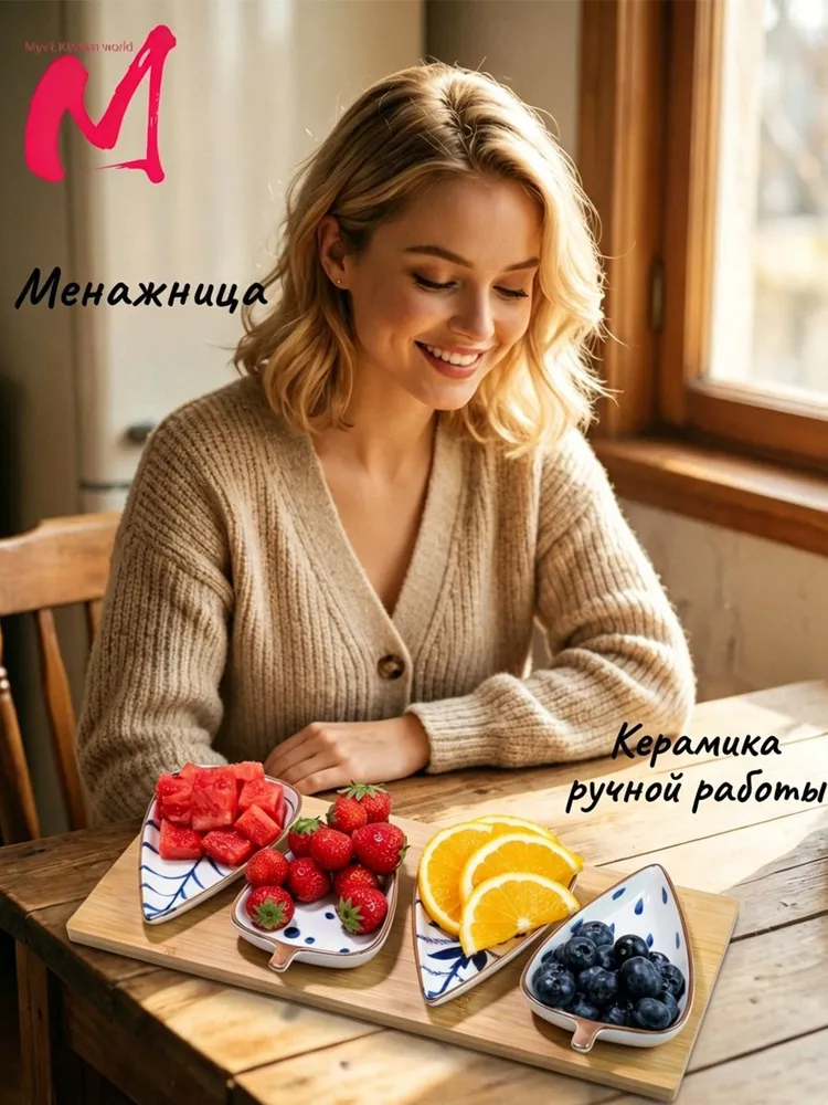 Менажница керамическая на подставке из бамбука, вариант, фото 2