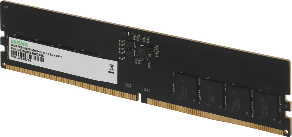 Digma Оперативная память PC5-41600 CL42 DIMM 288-pin 1.1В DDR5, 5200 МГц, 1 x 16 ГБ (DGMAD55200016S)