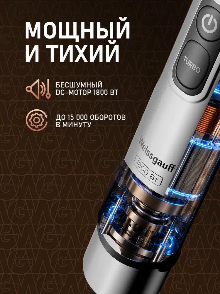 Weissgauff Погружной блендер WHB 560 Cubix Maxi Pro 11 в 1: Кухонный комбайн, Блендер, Измельчитель, Миксер, Тестомес, Вспениватель молока, Насадка для  пюре, Мощность 1800 Вт, Тихий DC мотор, 15000 оборотов в минуту, Плавный регулятор скорости, Режим "Turbo", Защита от перегрева, серый металлик, 1800 Вт, фото 3