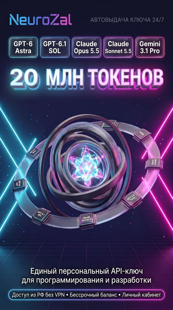 API-ключ 20 млн токенов для GPT-6 Astra, GPT-6.1 Sol, Claude Opus/Sonnet 5.5, Gemini, Grok, API ключ на все модели- 20 млн токенов один баланс, без ежемесячных подписок., вариант