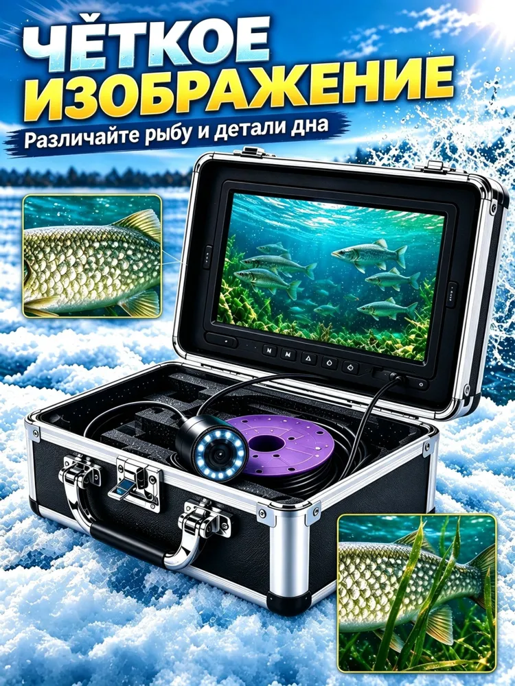 Визуальный эхолот, подводная камера для рыбалки 7 дюймов, 15 м кабель, HD изображение в мутной воде, 24 ИК-подсветок, для зимней и летней рыбалки, 15 м