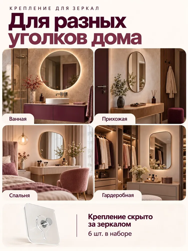 Крепление для полок в ванную комнату, самоклеящийся 6 шт., 6 шт, фото 2