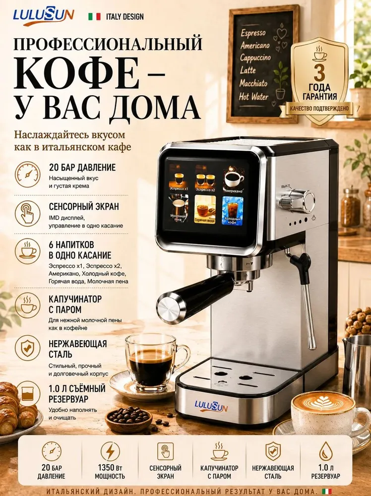 Кофемашина рожковая LULUSUN LLS-Y202 20 бар, сенсорная, с капучинатором, 6 напитков, резервуар 1 л, нержавеющая сталь, 1 л