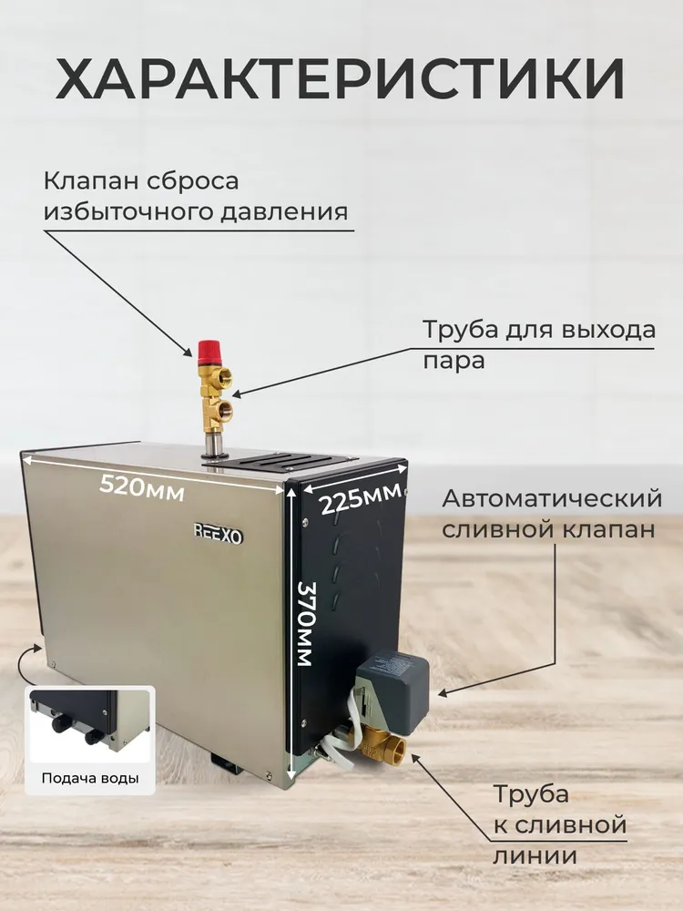 Автоматический парогенератор для бани, сауны, хамама до 7 м3 REEXO SteamLong 45S: 220В, 4.5 кВт. Электрический парогенератор для хаммама, сауны и бани, вариант, фото 3