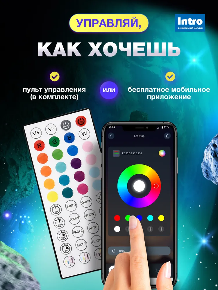 Светодиодная лента RGB 25м 24v INTRO 5050Kit умная с пультом и блоком питания, 16 млн цветов, 20 Вт, 25 м, 20 Вт, фото 3