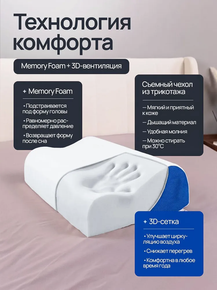 SomnoLab Ортопедическая подушка для сна 40x60, высота 15/17 см, с эффектом памяти, 40x60, фото 3