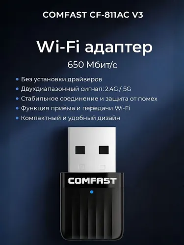 Беспроводная сетевая карта COMFAST Mini Free-Drive 650 Мбит/с 2,4G и 5G двухдиапазонный адаптер Wi-F