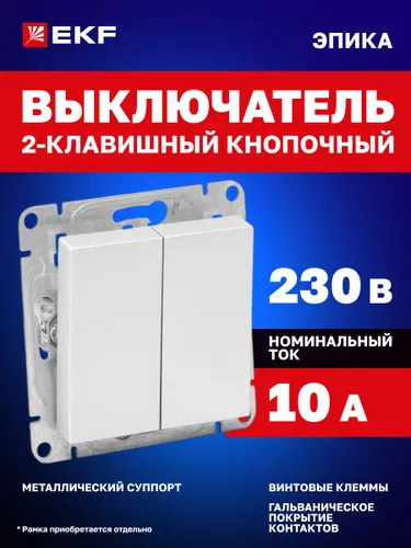 Выключатель кнопочный двухклавишный 10А, цвет "алюминий" Эпика EKF (механизм, рамка под необходимое