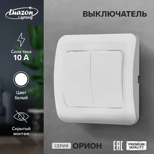 Выключатель Luazon Lighting Орион, 10 А, 2 клавиши, скрытый, белый