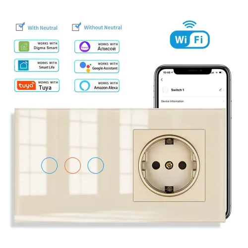 Умный сенсорный WIFI выключатель с розеткой в одной стеклянной рамке для Алисы, трехклавишный + 1 об